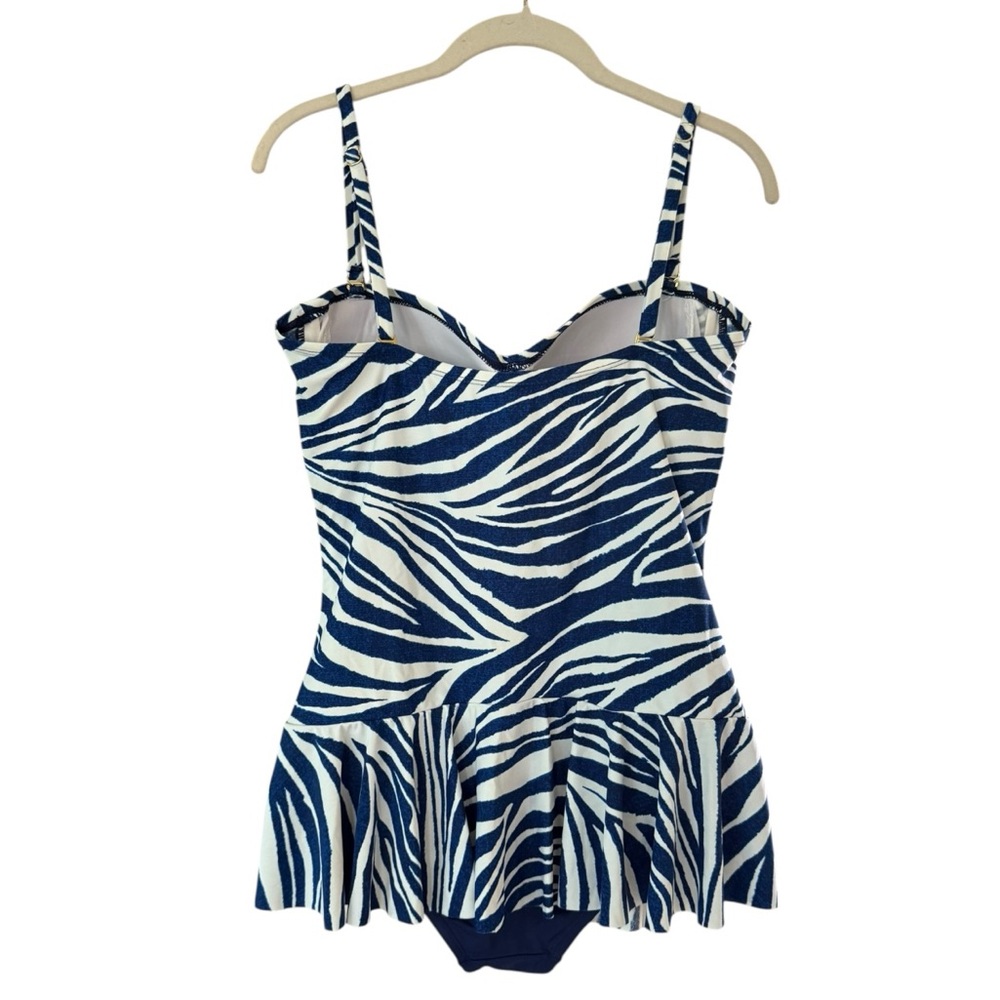 Chaps Skirted Pin Up One Piece Swimsuit Size 16 XL Zebra Print Blue White - Picture 3 of 16